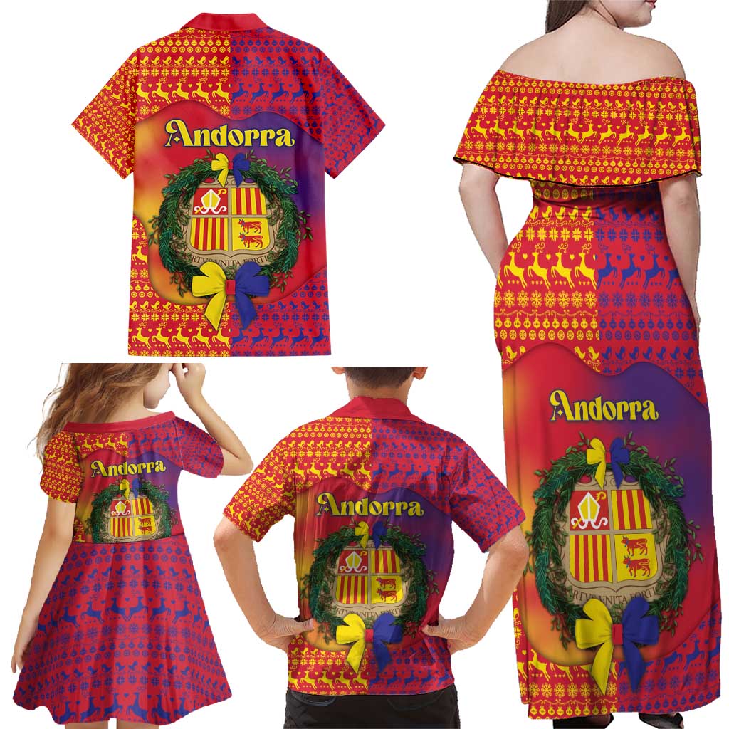 Andorra Christmas Family Matching Off Shoulder Maxi Dress and Hawaiian Shirt Coat Of Arms With Wreath Xmas - Wonder Print Shop