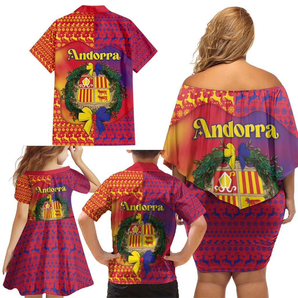 Andorra Christmas Family Matching Off Shoulder Short Dress and Hawaiian Shirt Coat Of Arms With Wreath Xmas - Wonder Print Shop