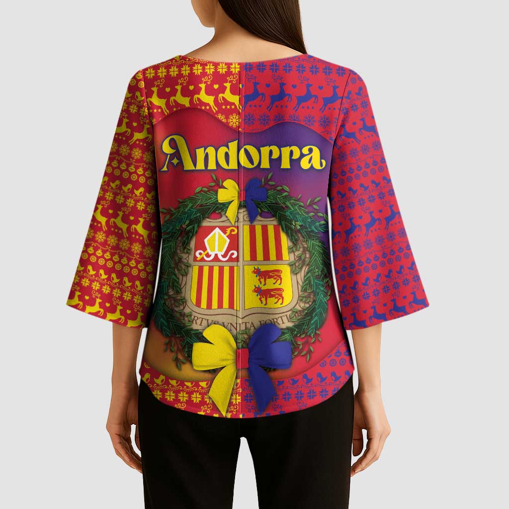 Andorra Christmas Kimono Sleeve Blouse Coat Of Arms With Wreath Xmas - Wonder Print Shop