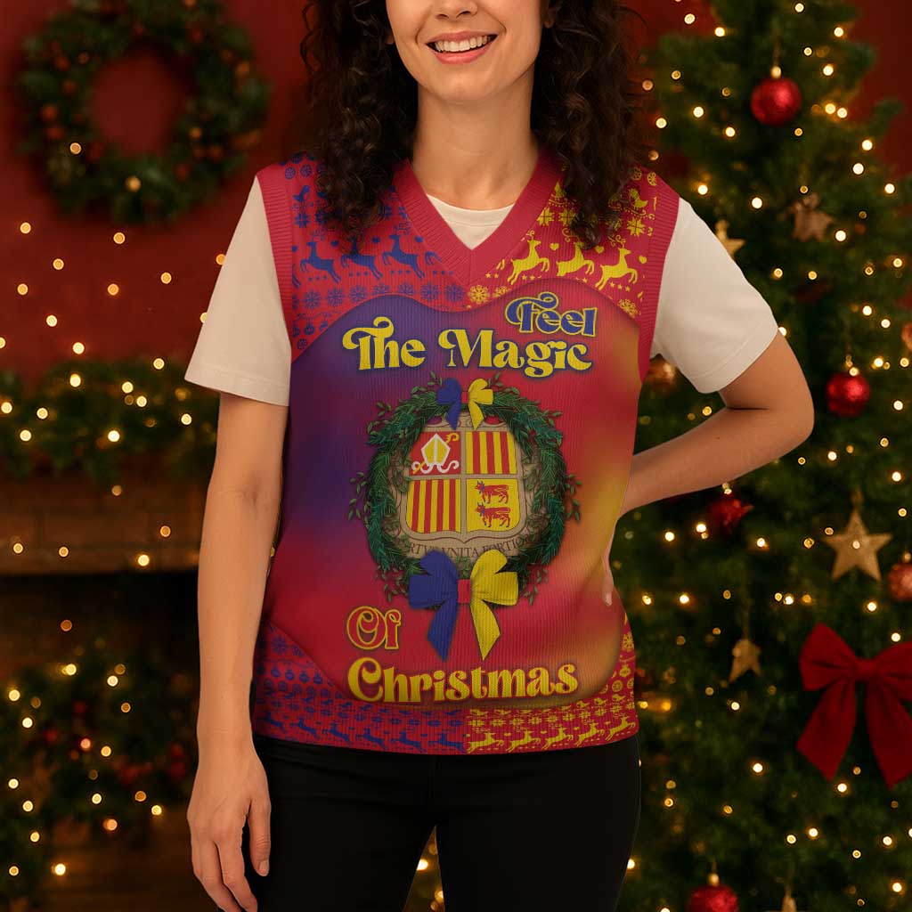 Andorra Christmas Knitted V-Neck Vest Coat Of Arms With Wreath Xmas - Wonder Print Shop