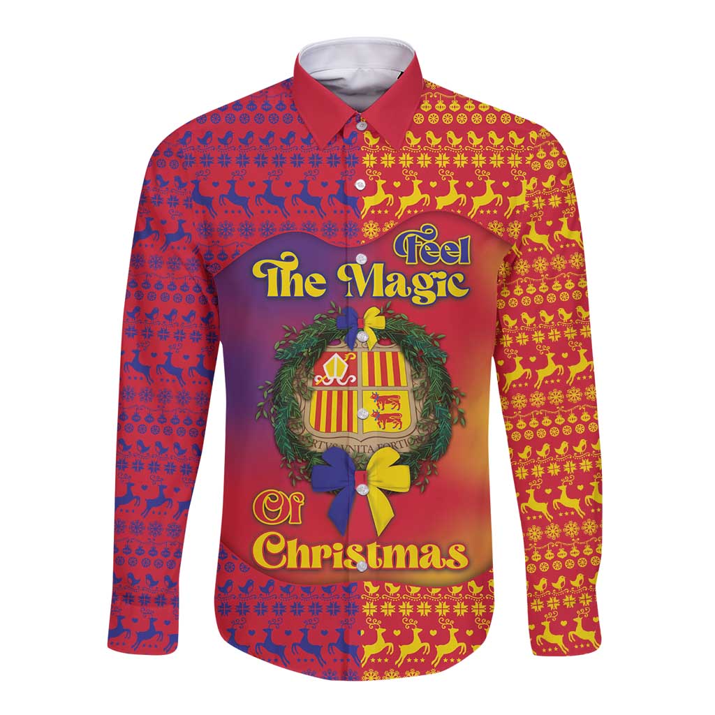 Andorra Christmas Long Sleeve Button Shirt Coat Of Arms With Wreath Xmas - Wonder Print Shop
