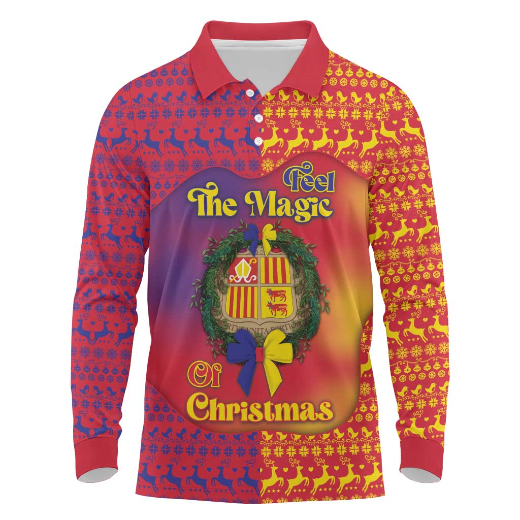 Andorra Christmas Long Sleeve Polo Shirt Coat Of Arms With Wreath Xmas - Wonder Print Shop