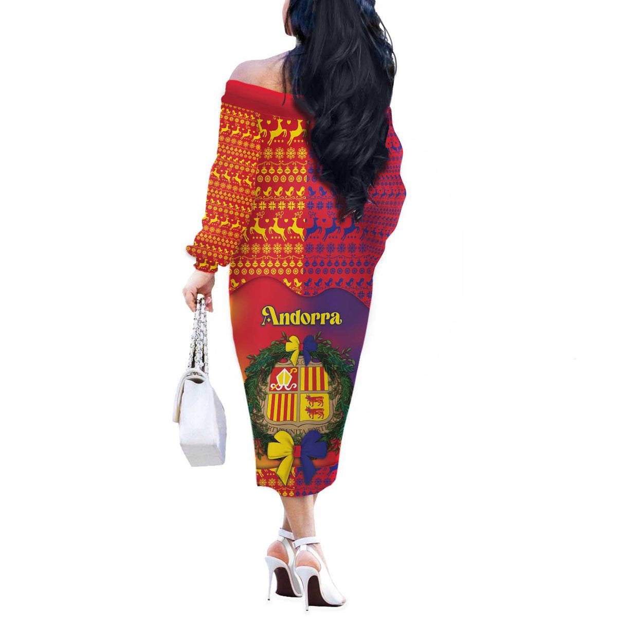 Andorra Christmas Off The Shoulder Long Sleeve Dress Coat Of Arms With Wreath Xmas - Wonder Print Shop