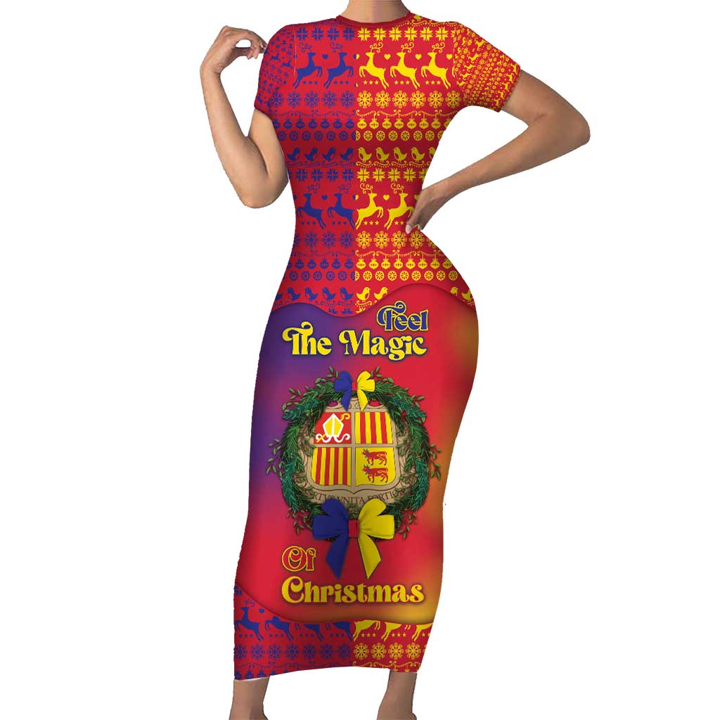 Andorra Christmas Short Sleeve Bodycon Dress Coat Of Arms With Wreath Xmas - Wonder Print Shop