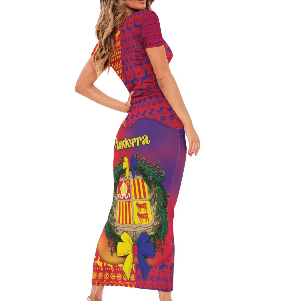 Andorra Christmas Short Sleeve Bodycon Dress Coat Of Arms With Wreath Xmas - Wonder Print Shop