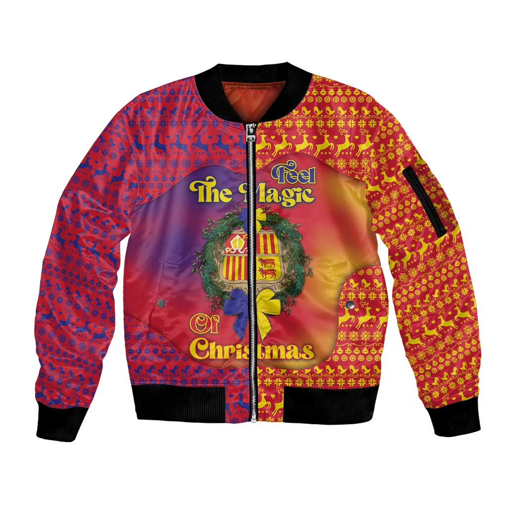 Andorra Christmas Sleeve Zip Bomber Jacket Coat Of Arms With Wreath Xmas - Wonder Print Shop