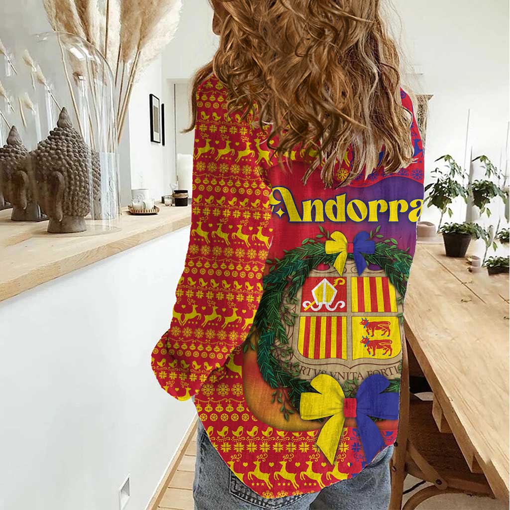Andorra Christmas Women Casual Shirt Coat Of Arms With Wreath Xmas - Wonder Print Shop