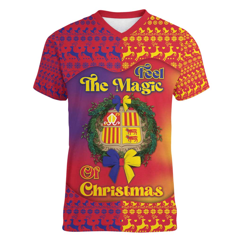 Andorra Christmas Women V-Neck T-Shirt Coat Of Arms With Wreath Xmas - Wonder Print Shop