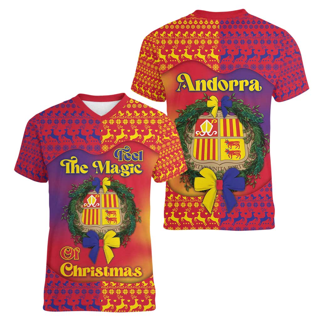 Andorra Christmas Women V-Neck T-Shirt Coat Of Arms With Wreath Xmas - Wonder Print Shop