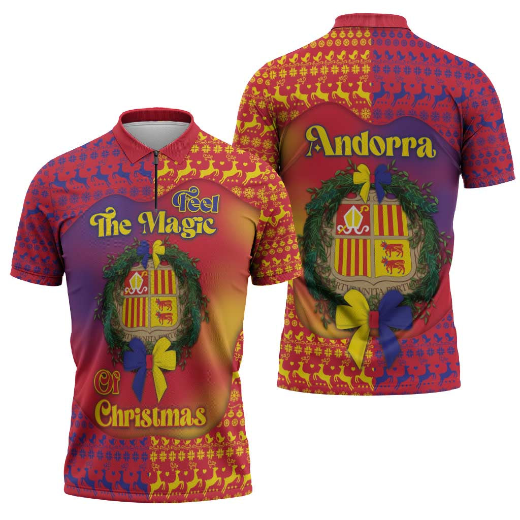 Andorra Christmas Zipper Polo Shirt Coat Of Arms With Wreath Xmas - Wonder Print Shop