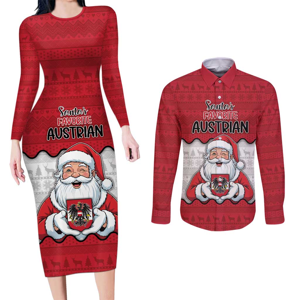 Austria Christmas Couples Matching Long Sleeve Bodycon Dress and Long Sleeve Button Shirt Santa Is Favorite Austrian - Wonder Print Shop
