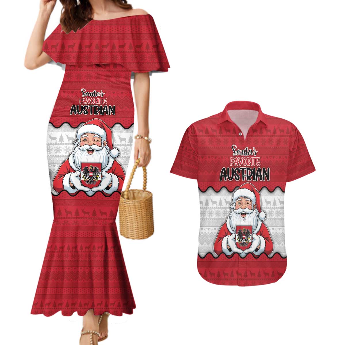 Austria Christmas Couples Matching Mermaid Dress and Hawaiian Shirt Santa Is Favorite Austrian - Wonder Print Shop