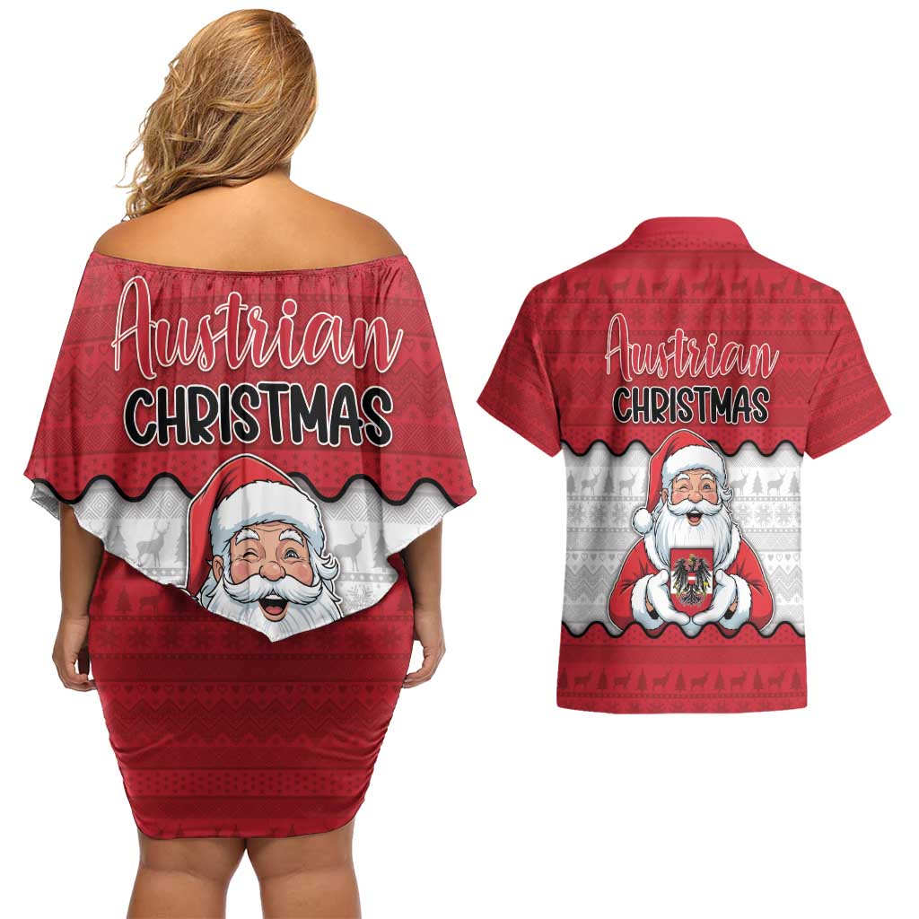 Austria Christmas Couples Matching Off Shoulder Short Dress and Hawaiian Shirt Santa Is Favorite Austrian - Wonder Print Shop