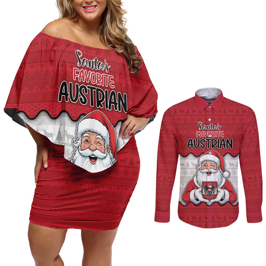 Austria Christmas Couples Matching Off Shoulder Short Dress and Long Sleeve Button Shirt Santa Is Favorite Austrian - Wonder Print Shop