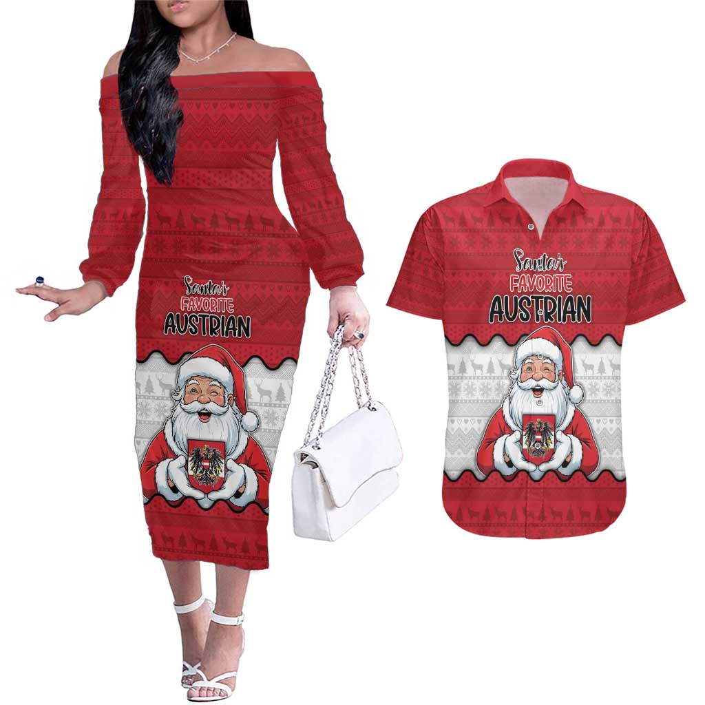 Austria Christmas Couples Matching Off The Shoulder Long Sleeve Dress and Hawaiian Shirt Santa Is Favorite Austrian - Wonder Print Shop