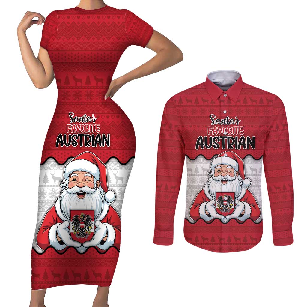 Austria Christmas Couples Matching Short Sleeve Bodycon Dress and Long Sleeve Button Shirt Santa Is Favorite Austrian - Wonder Print Shop