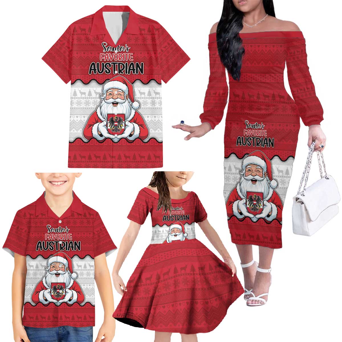 Austria Christmas Family Matching Off The Shoulder Long Sleeve Dress and Hawaiian Shirt Santa Is Favorite Austrian - Wonder Print Shop
