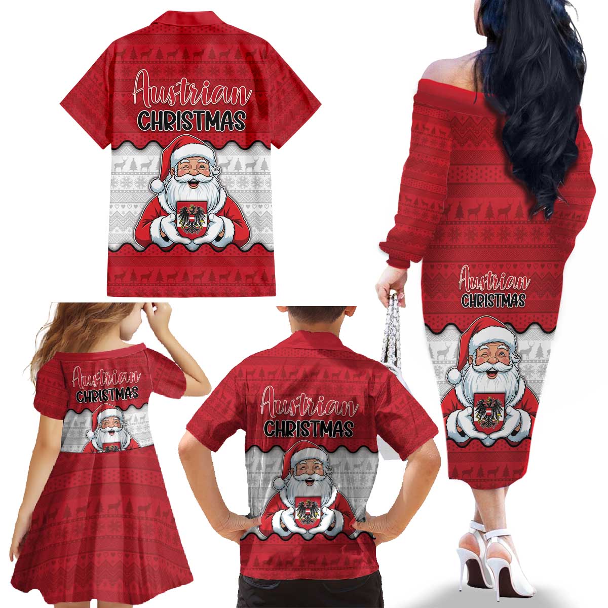 Austria Christmas Family Matching Off The Shoulder Long Sleeve Dress and Hawaiian Shirt Santa Is Favorite Austrian - Wonder Print Shop