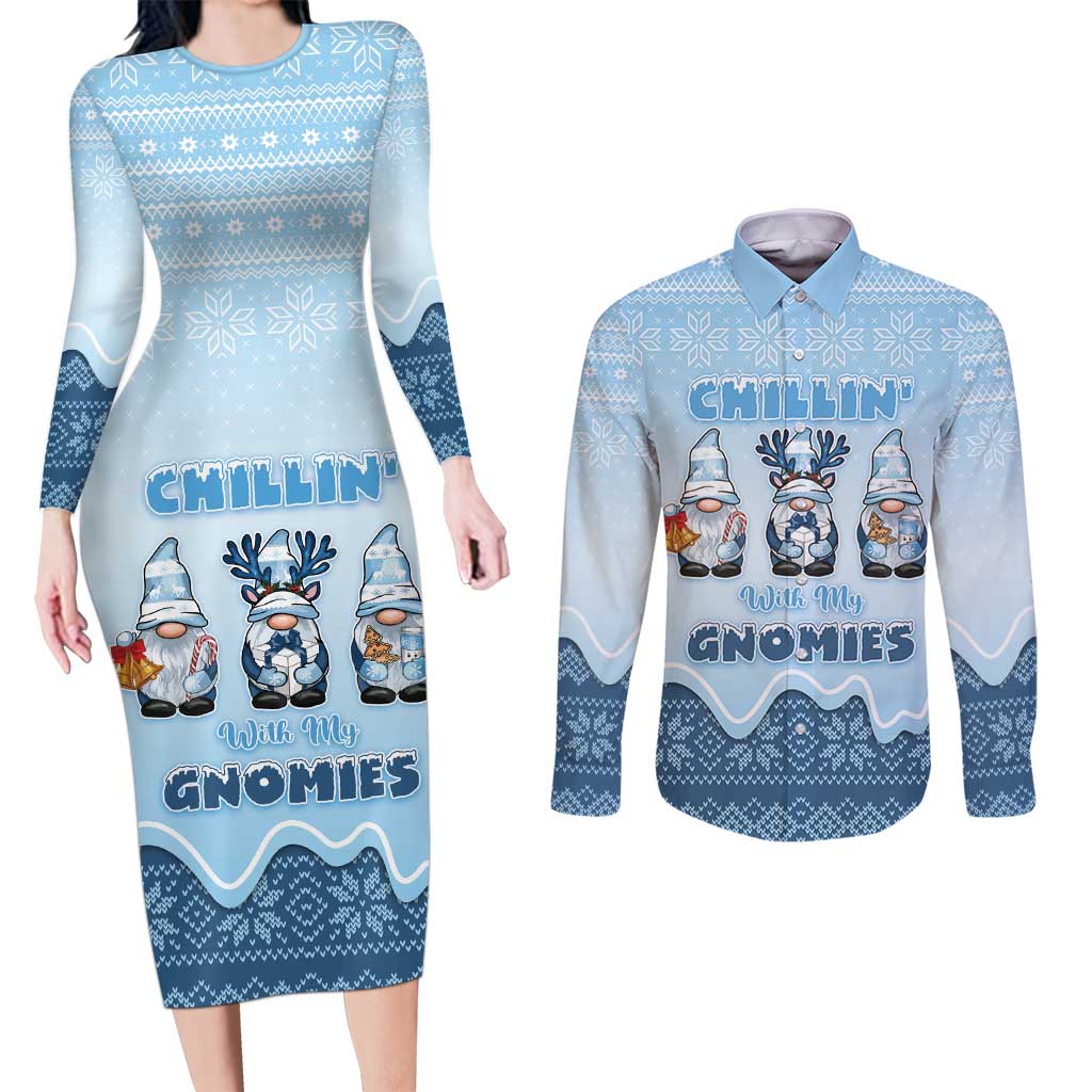 Chillin With My Gnomies Couples Matching Long Sleeve Bodycon Dress and Long Sleeve Button Shirt Merry Christmas - Wonder Print Shop