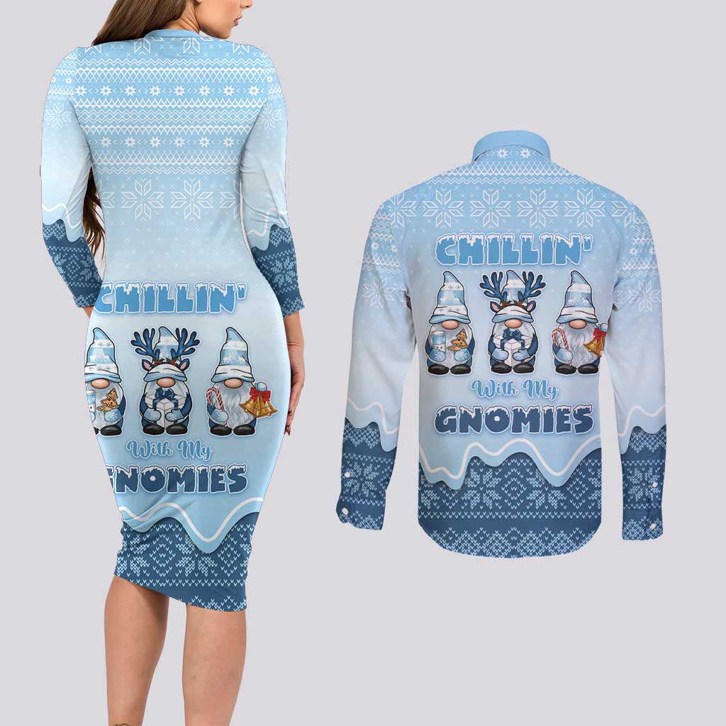 Chillin With My Gnomies Couples Matching Long Sleeve Bodycon Dress and Long Sleeve Button Shirt Merry Christmas - Wonder Print Shop