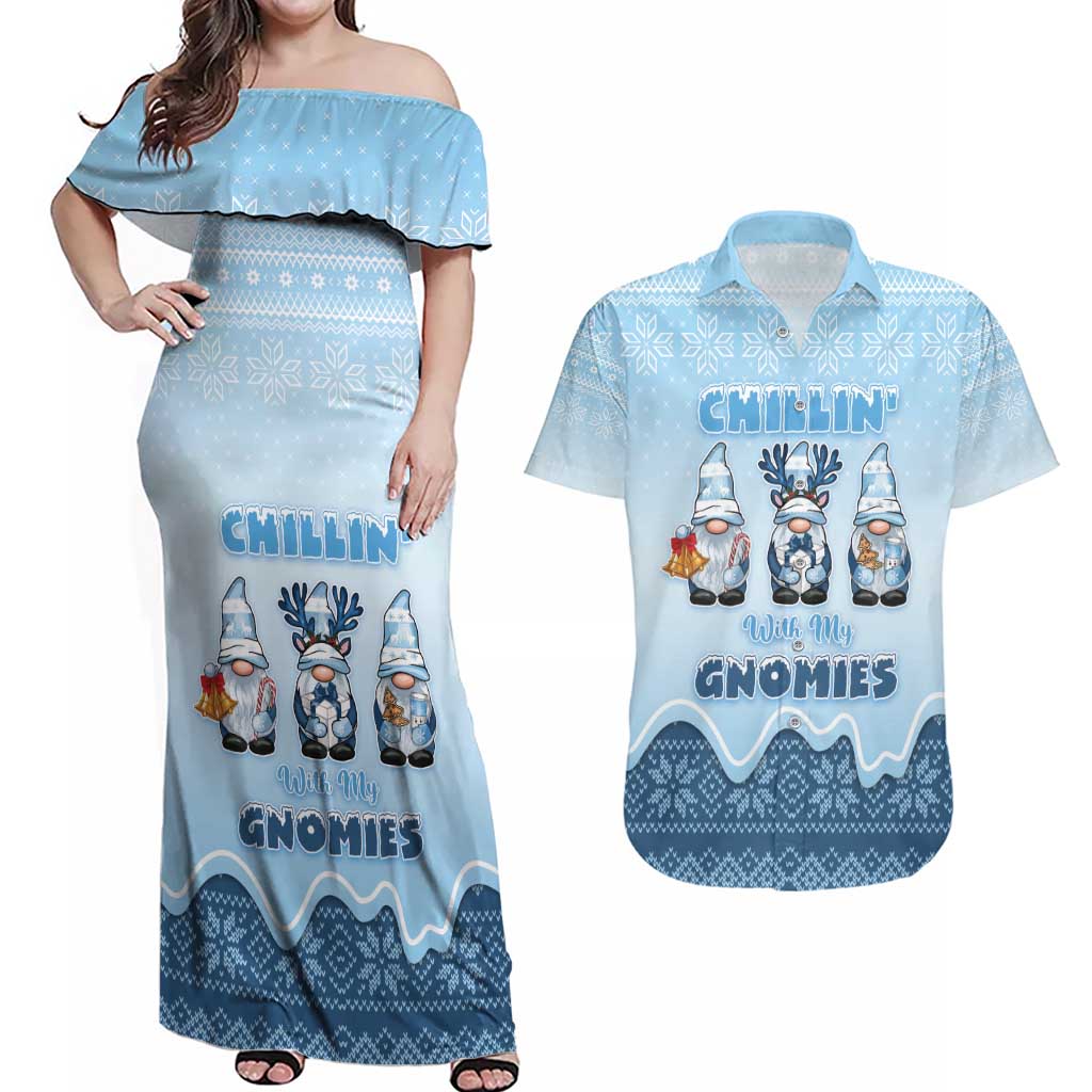Chillin With My Gnomies Couples Matching Off Shoulder Maxi Dress and Hawaiian Shirt Merry Christmas - Wonder Print Shop