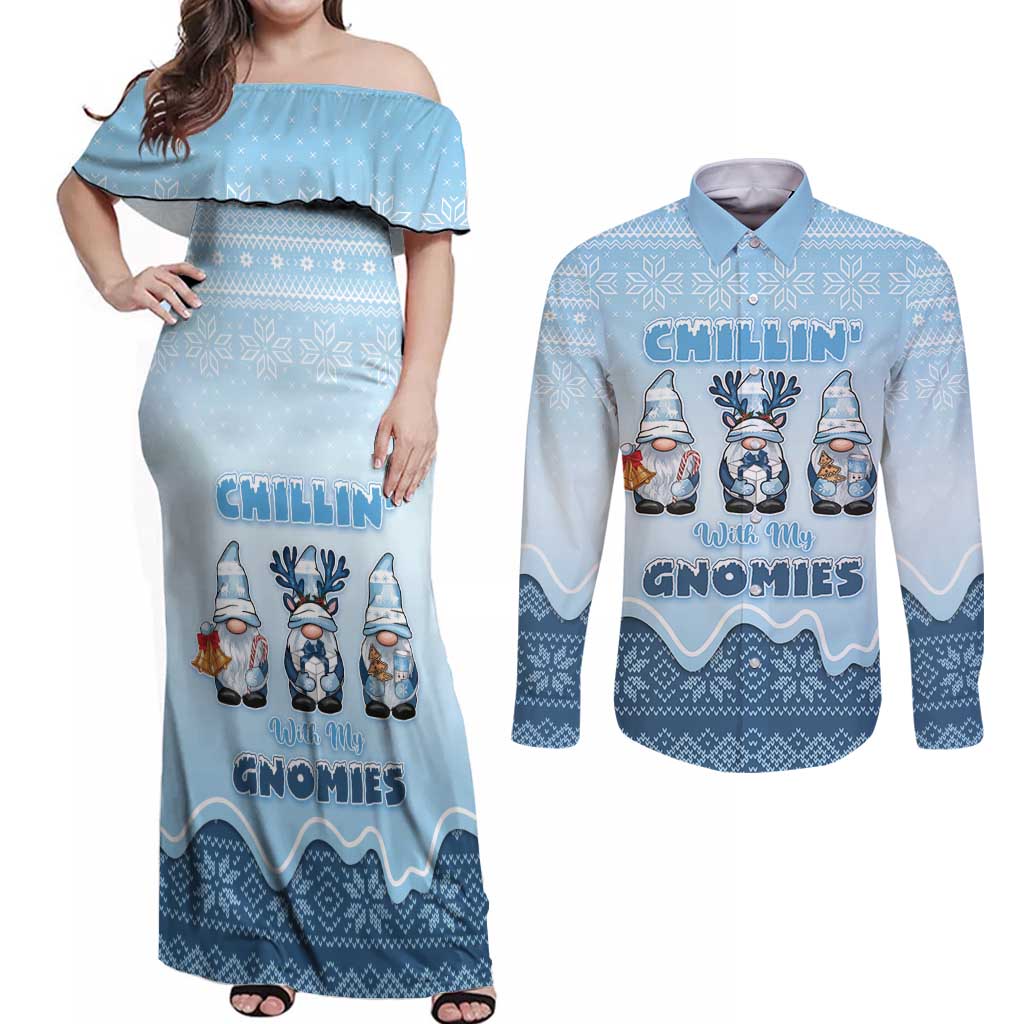 Chillin With My Gnomies Couples Matching Off Shoulder Maxi Dress and Long Sleeve Button Shirt Merry Christmas - Wonder Print Shop