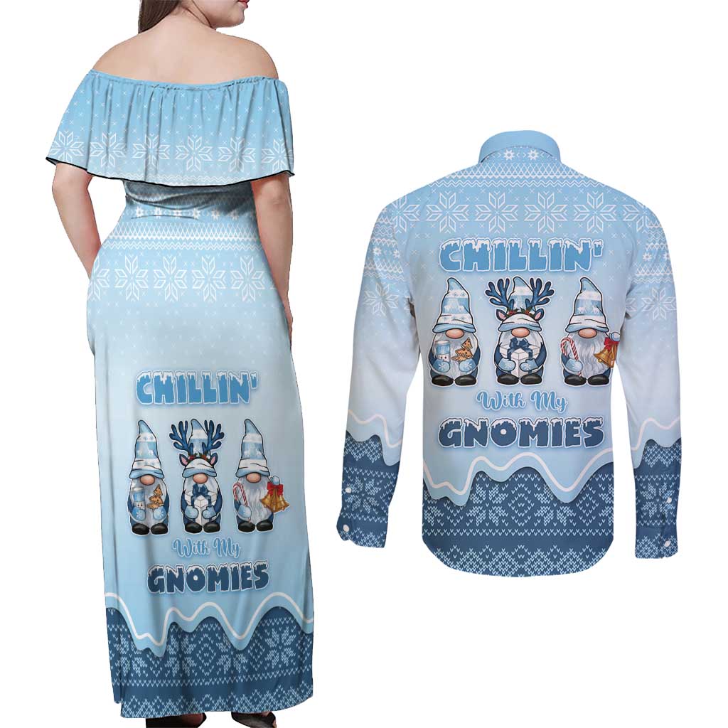 Chillin With My Gnomies Couples Matching Off Shoulder Maxi Dress and Long Sleeve Button Shirt Merry Christmas - Wonder Print Shop