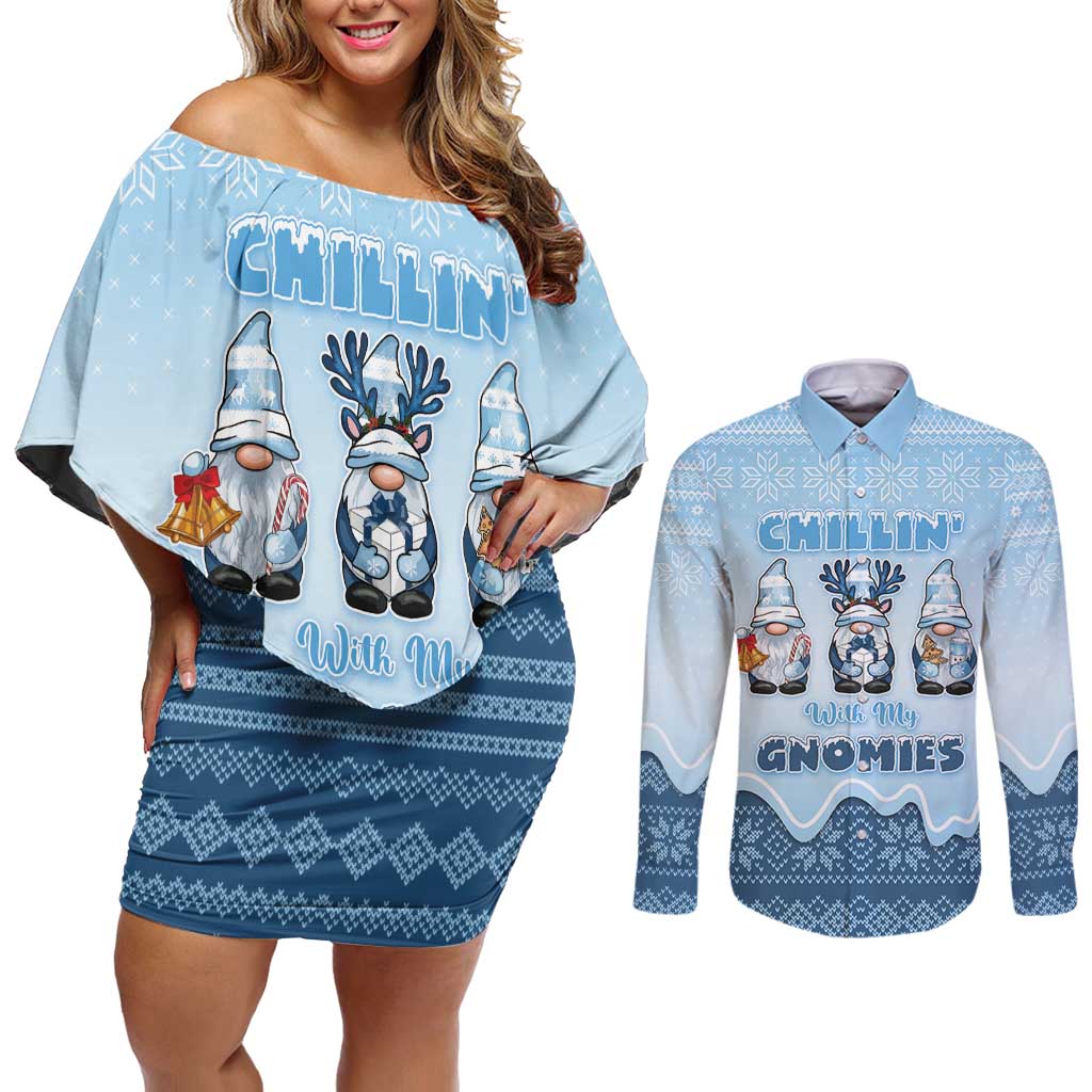 Chillin With My Gnomies Couples Matching Off Shoulder Short Dress and Long Sleeve Button Shirt Merry Christmas - Wonder Print Shop