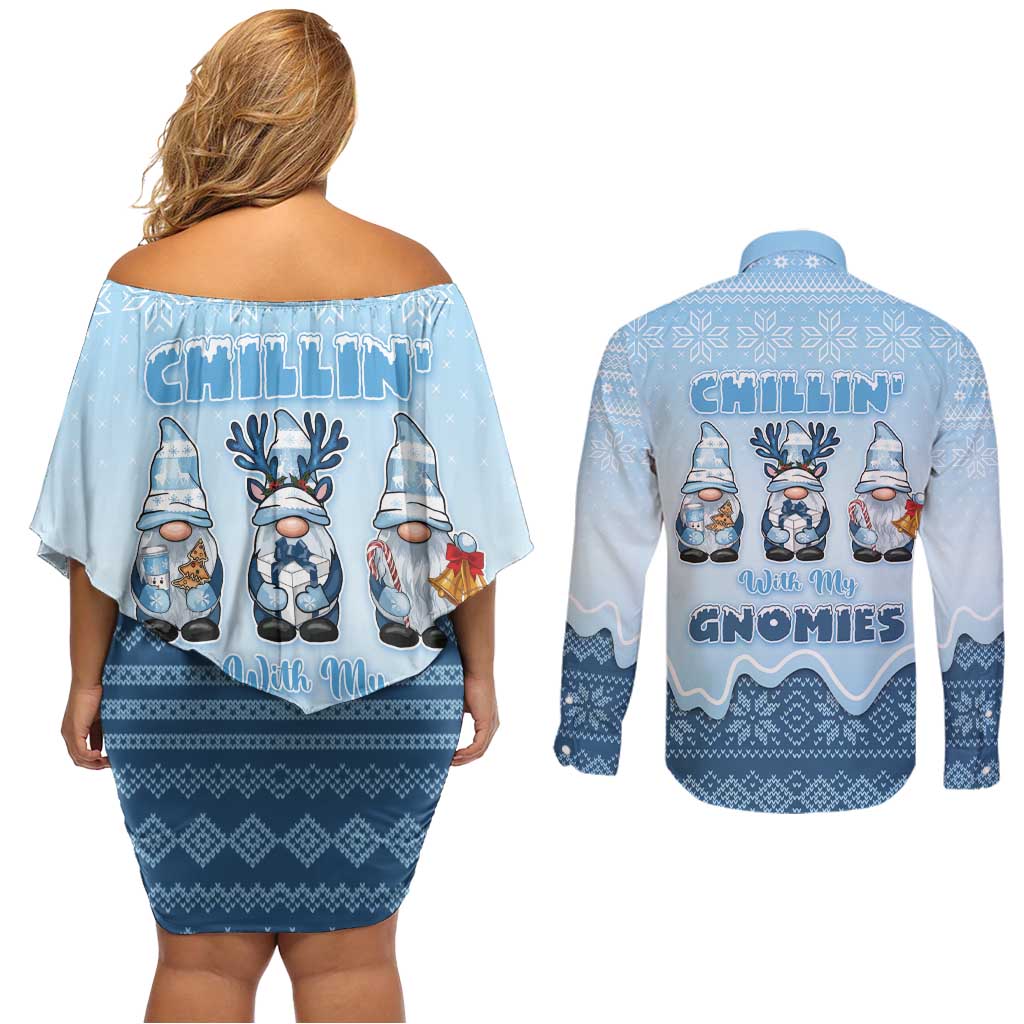 Chillin With My Gnomies Couples Matching Off Shoulder Short Dress and Long Sleeve Button Shirt Merry Christmas - Wonder Print Shop