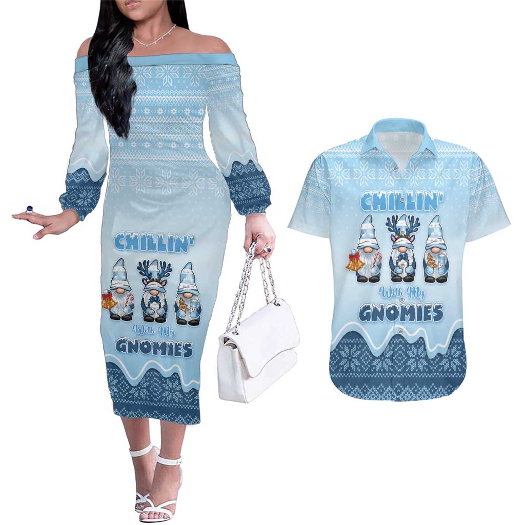 Chillin With My Gnomies Couples Matching Off The Shoulder Long Sleeve Dress and Hawaiian Shirt Merry Christmas - Wonder Print Shop