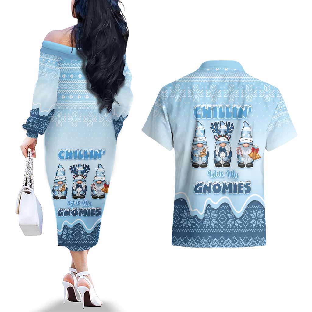 Chillin With My Gnomies Couples Matching Off The Shoulder Long Sleeve Dress and Hawaiian Shirt Merry Christmas - Wonder Print Shop