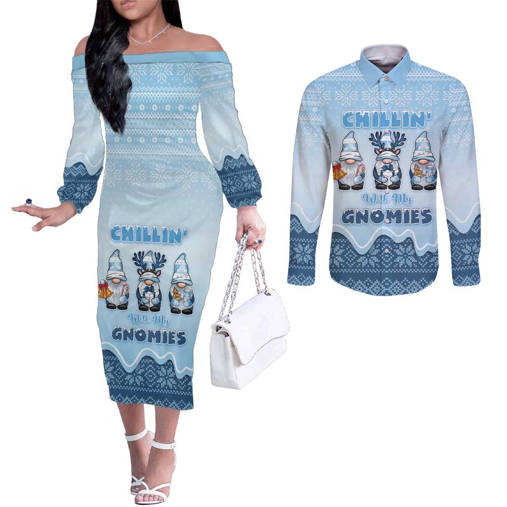 Chillin With My Gnomies Couples Matching Off The Shoulder Long Sleeve Dress and Long Sleeve Button Shirt Merry Christmas - Wonder Print Shop
