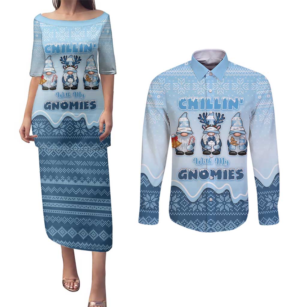 Chillin With My Gnomies Couples Matching Puletasi and Long Sleeve Button Shirt Merry Christmas - Wonder Print Shop
