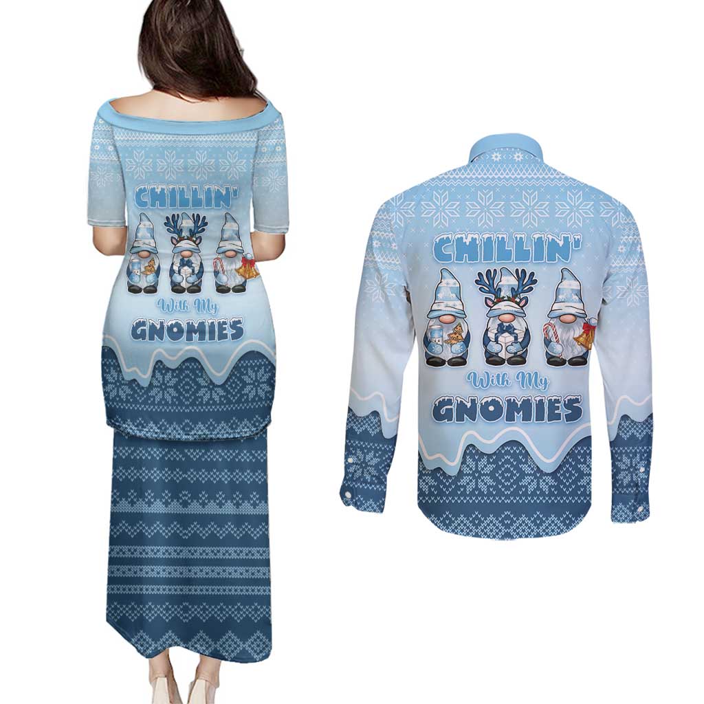 Chillin With My Gnomies Couples Matching Puletasi and Long Sleeve Button Shirt Merry Christmas - Wonder Print Shop