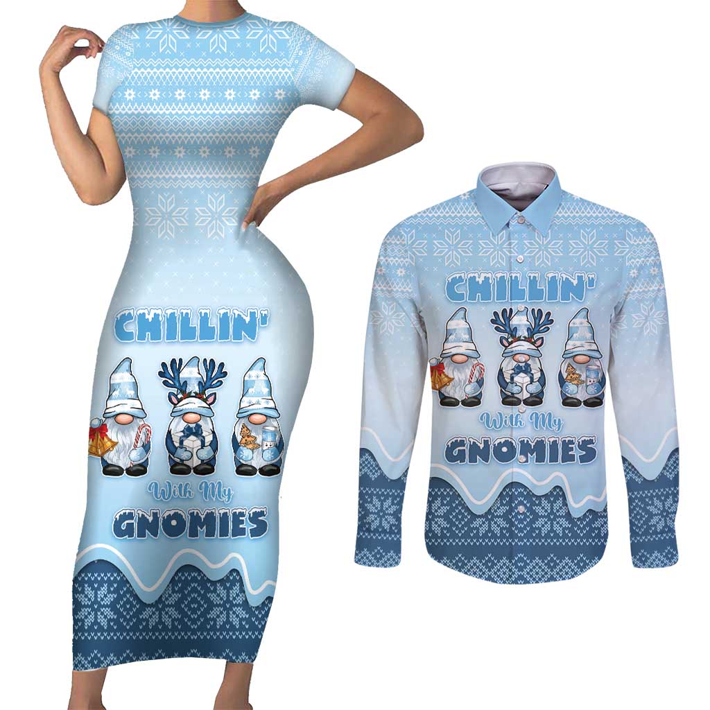 Chillin With My Gnomies Couples Matching Short Sleeve Bodycon Dress and Long Sleeve Button Shirt Merry Christmas - Wonder Print Shop