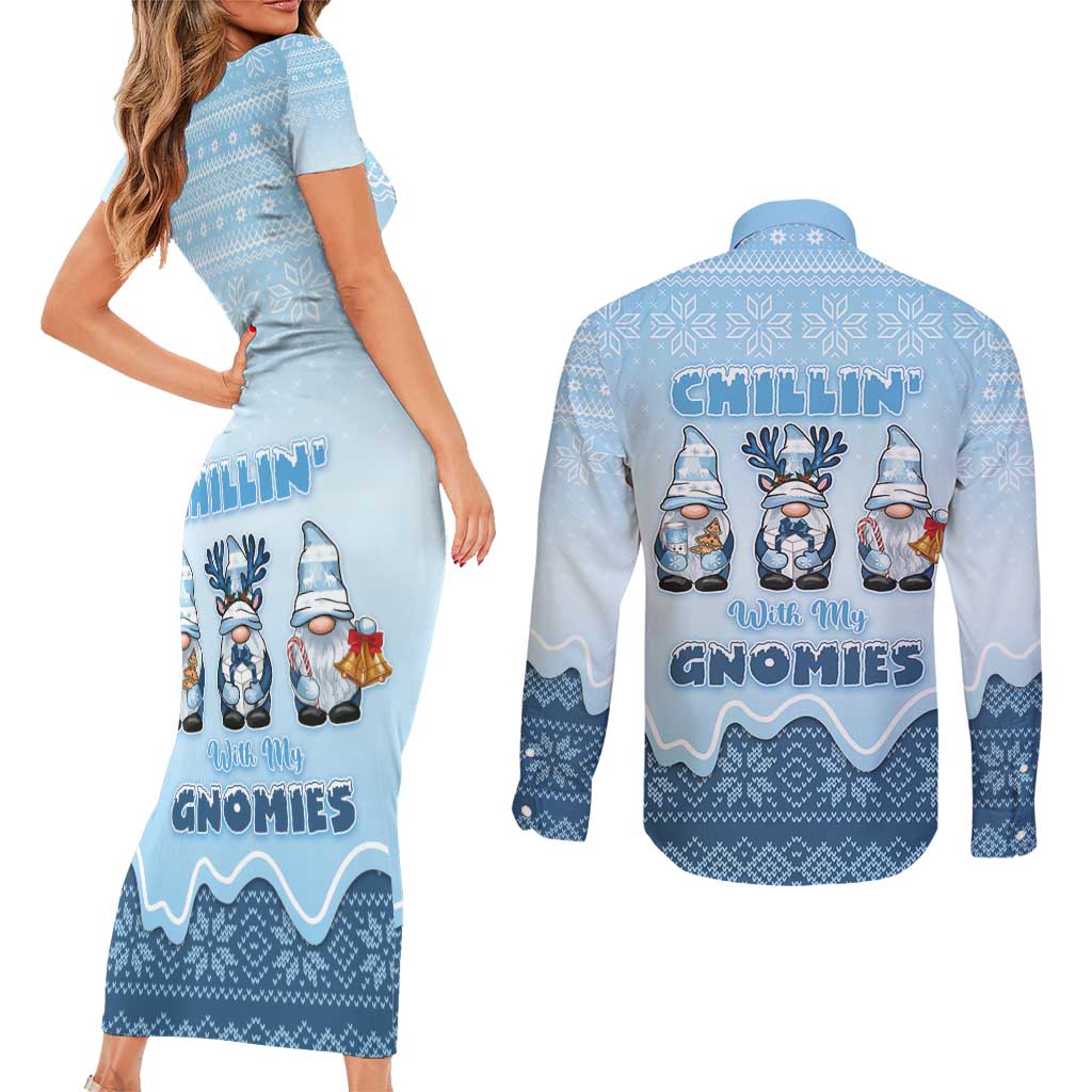 Chillin With My Gnomies Couples Matching Short Sleeve Bodycon Dress and Long Sleeve Button Shirt Merry Christmas - Wonder Print Shop