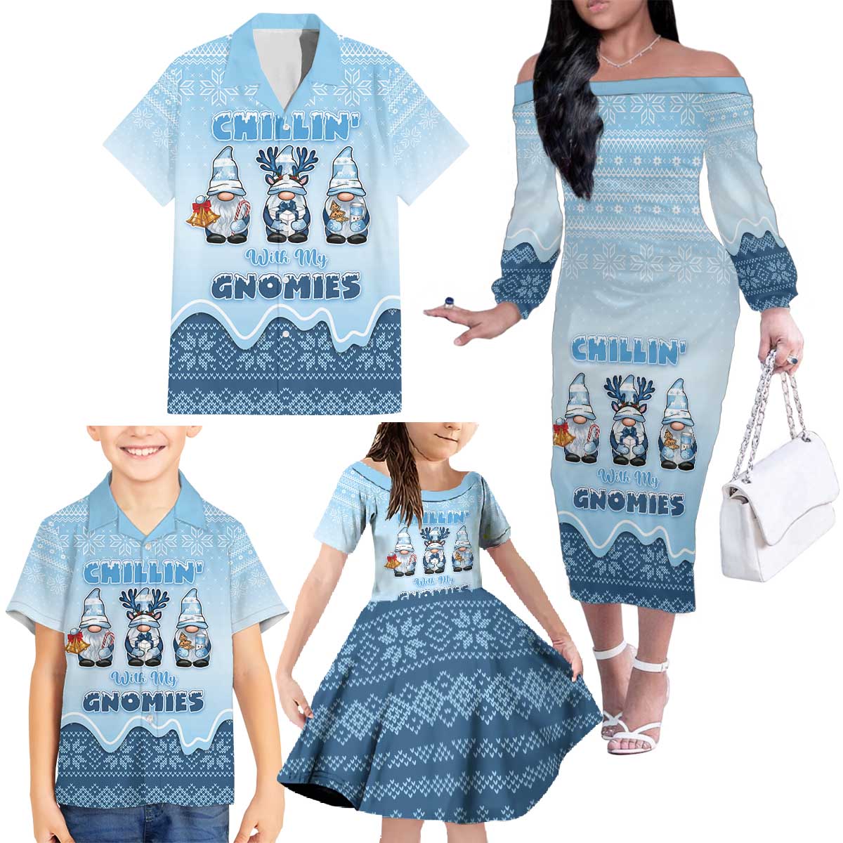 Chillin With My Gnomies Family Matching Off The Shoulder Long Sleeve Dress and Hawaiian Shirt Merry Christmas - Wonder Print Shop
