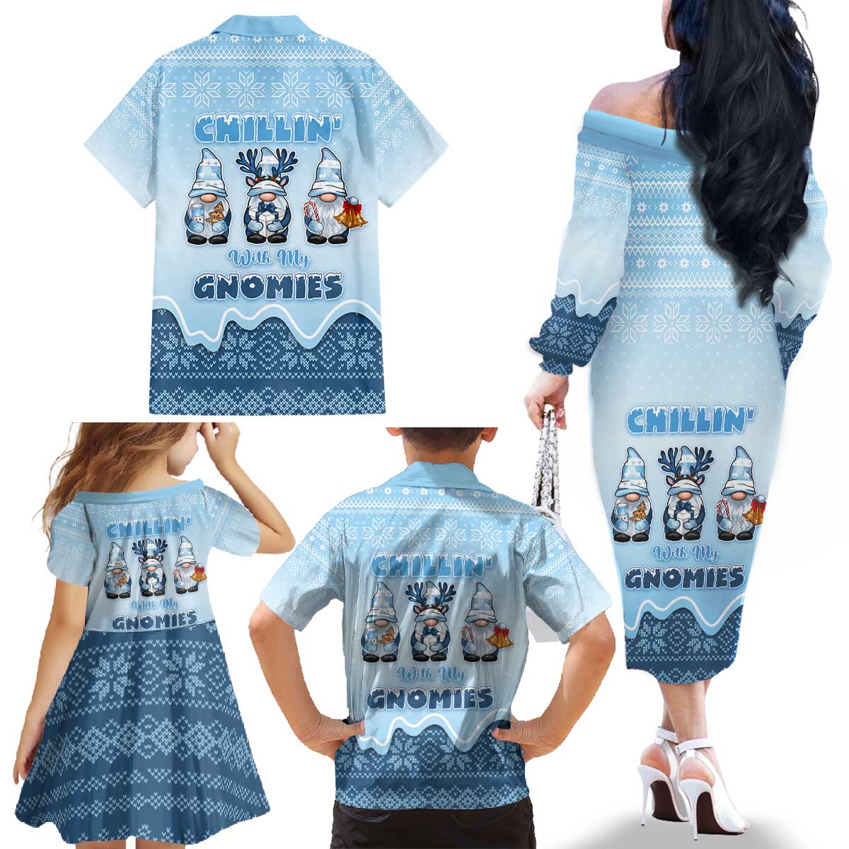 Chillin With My Gnomies Family Matching Off The Shoulder Long Sleeve Dress and Hawaiian Shirt Merry Christmas - Wonder Print Shop