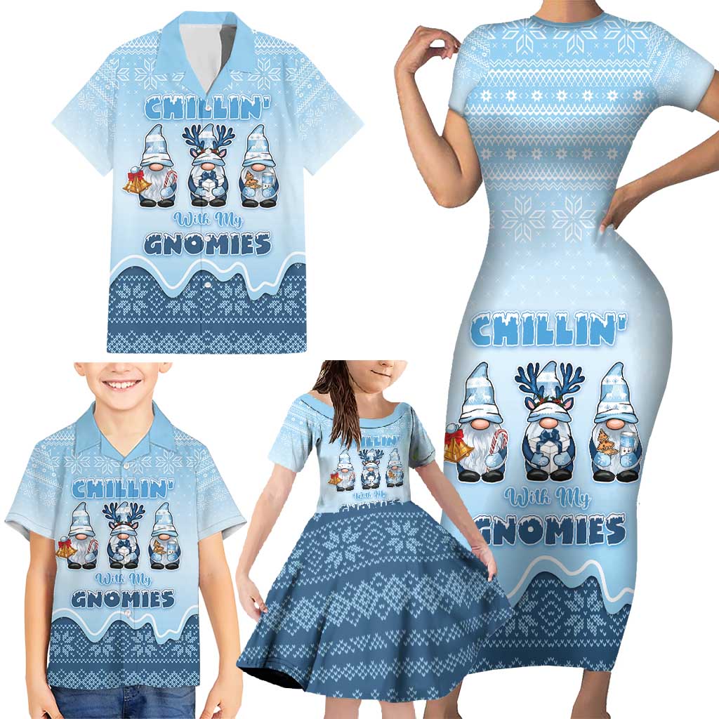 Chillin With My Gnomies Family Matching Short Sleeve Bodycon Dress and Hawaiian Shirt Merry Christmas - Wonder Print Shop