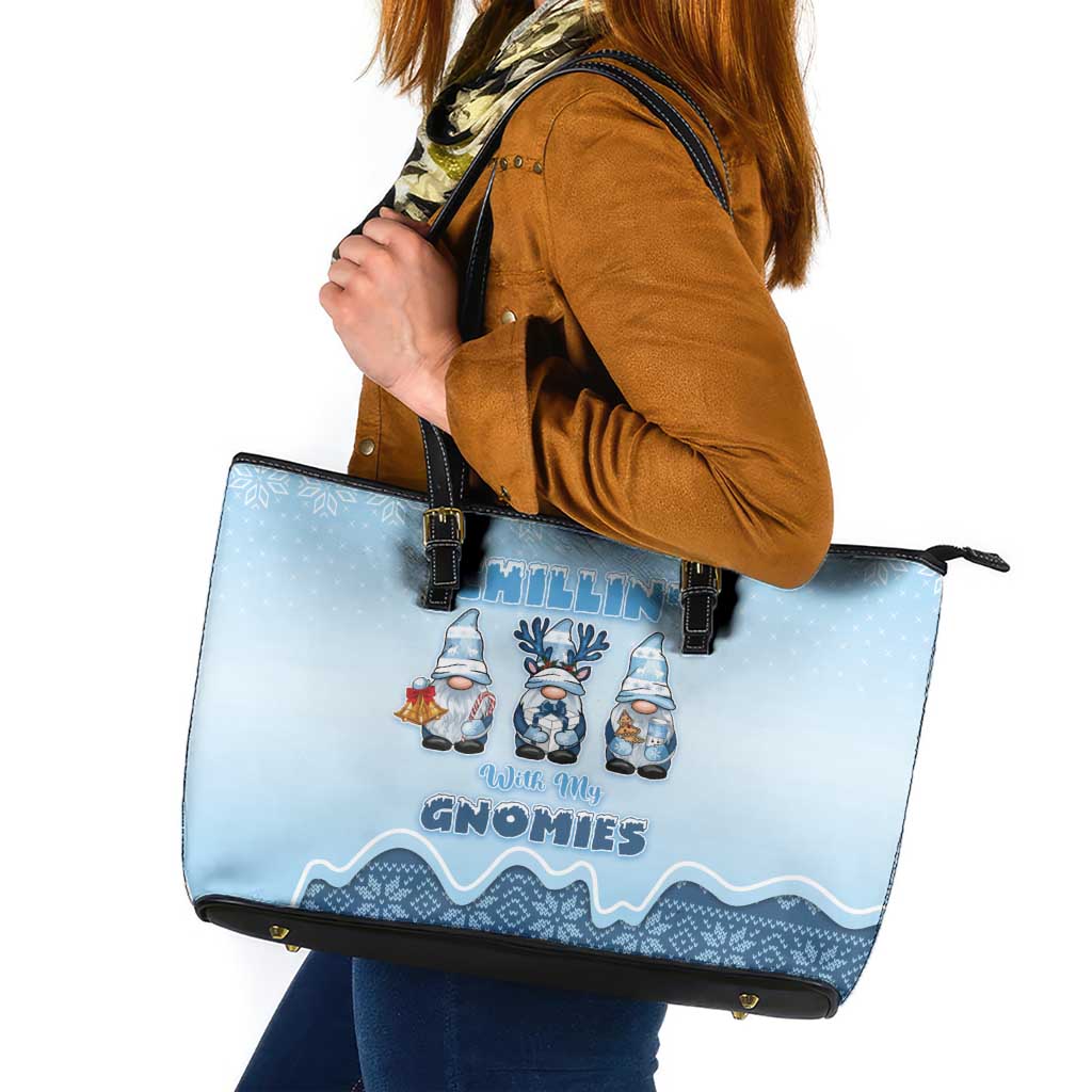 Chillin With My Gnomies Leather Tote Bag Merry Christmas - Wonder Print Shop