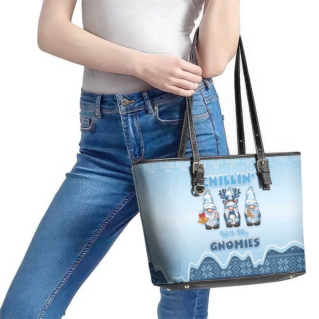 Chillin With My Gnomies Leather Tote Bag Merry Christmas - Wonder Print Shop