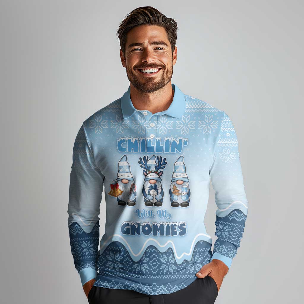 Chillin With My Gnomies Long Sleeve Polo Shirt Merry Christmas - Wonder Print Shop