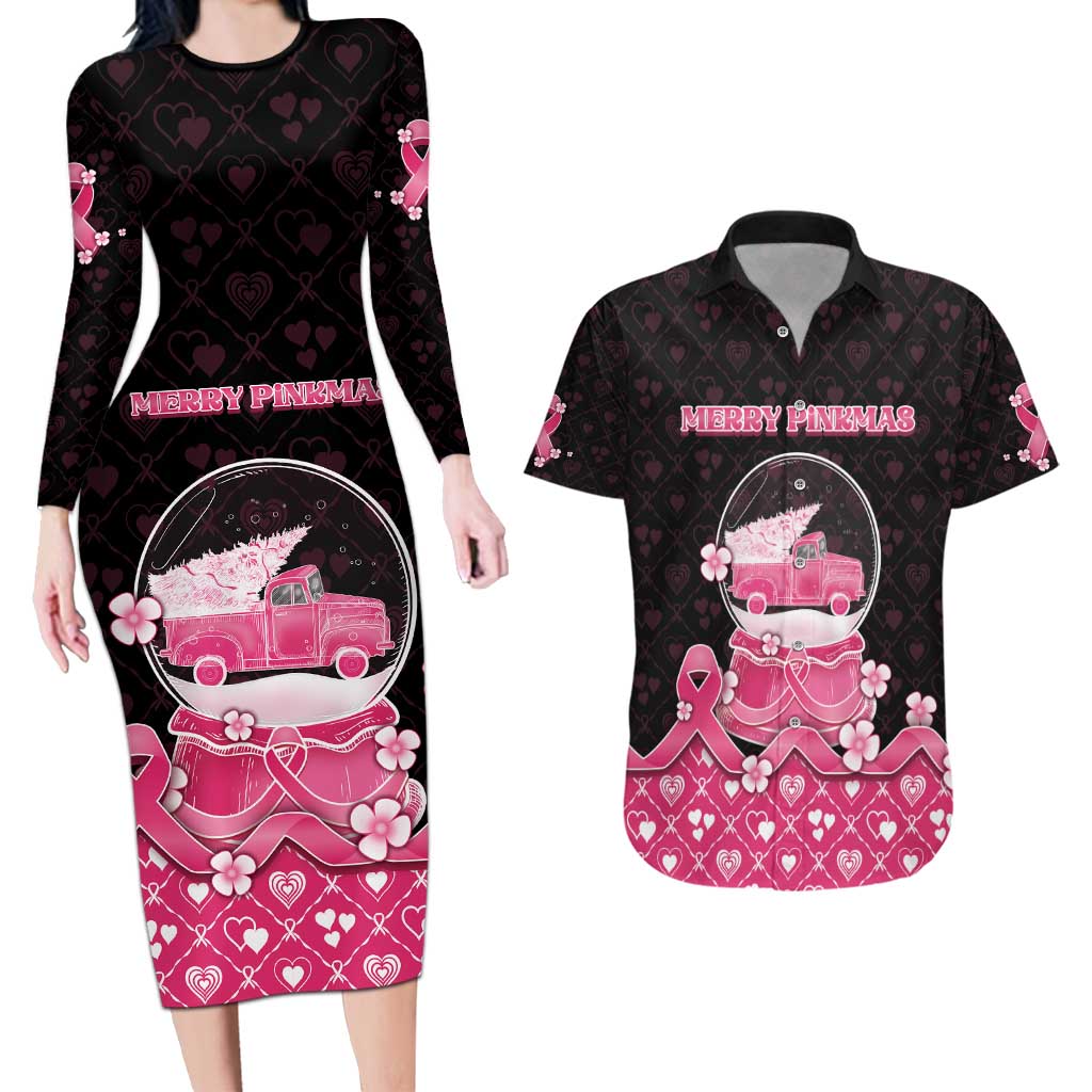 Breast Cancer Christmas Couples Matching Long Sleeve Bodycon Dress and Hawaiian Shirt Merry Pinkmas - Wonder Print Shop