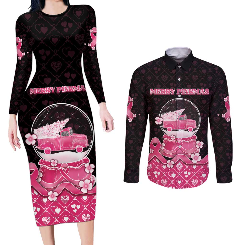 Breast Cancer Christmas Couples Matching Long Sleeve Bodycon Dress and Long Sleeve Button Shirt Merry Pinkmas - Wonder Print Shop