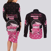 Breast Cancer Christmas Couples Matching Long Sleeve Bodycon Dress and Long Sleeve Button Shirt Merry Pinkmas - Wonder Print Shop
