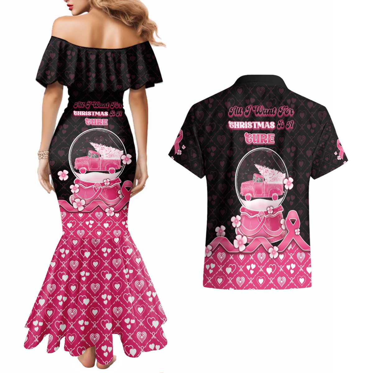 Breast Cancer Christmas Couples Matching Mermaid Dress and Hawaiian Shirt Merry Pinkmas - Wonder Print Shop