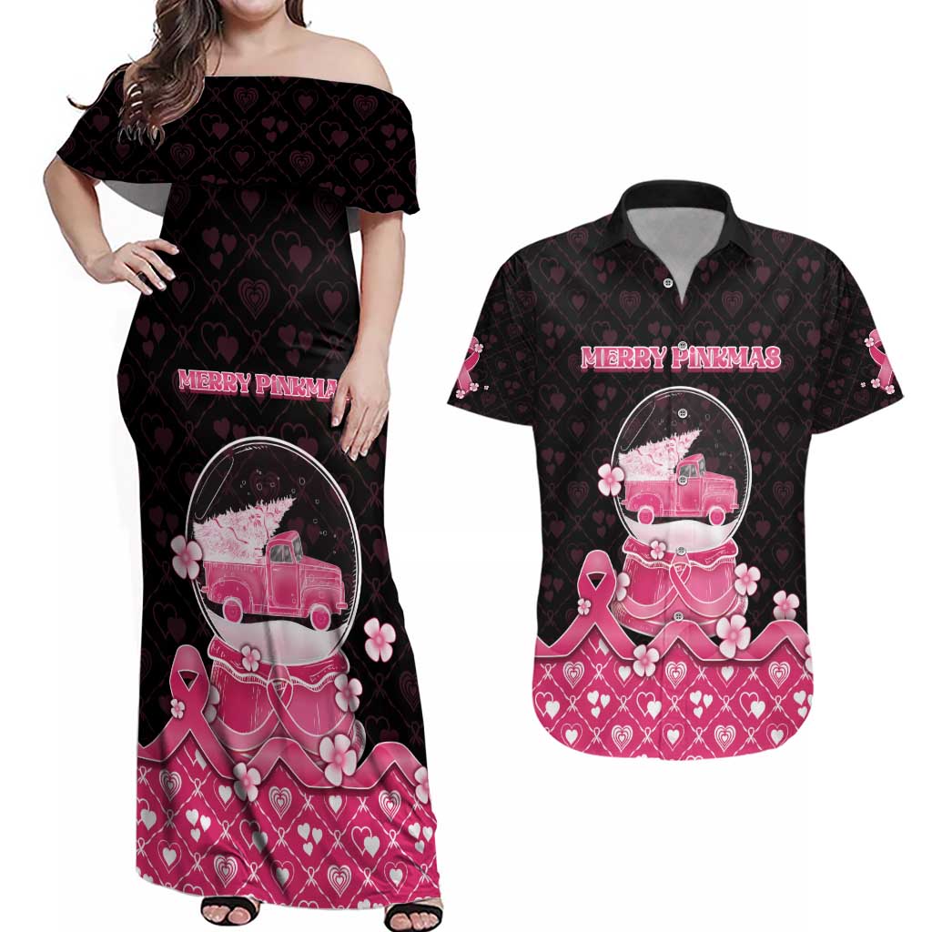 Breast Cancer Christmas Couples Matching Off Shoulder Maxi Dress and Hawaiian Shirt Merry Pinkmas - Wonder Print Shop