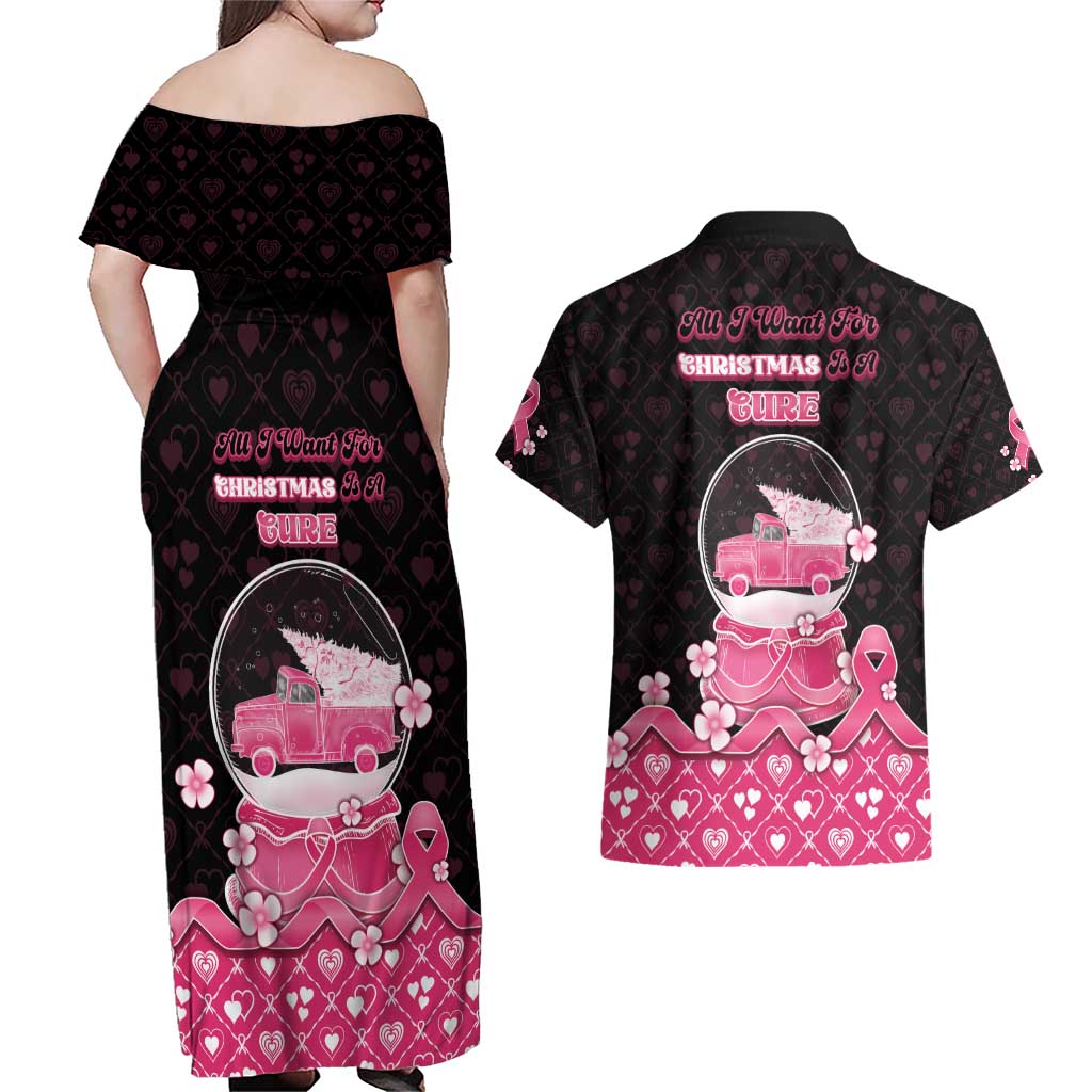 Breast Cancer Christmas Couples Matching Off Shoulder Maxi Dress and Hawaiian Shirt Merry Pinkmas - Wonder Print Shop