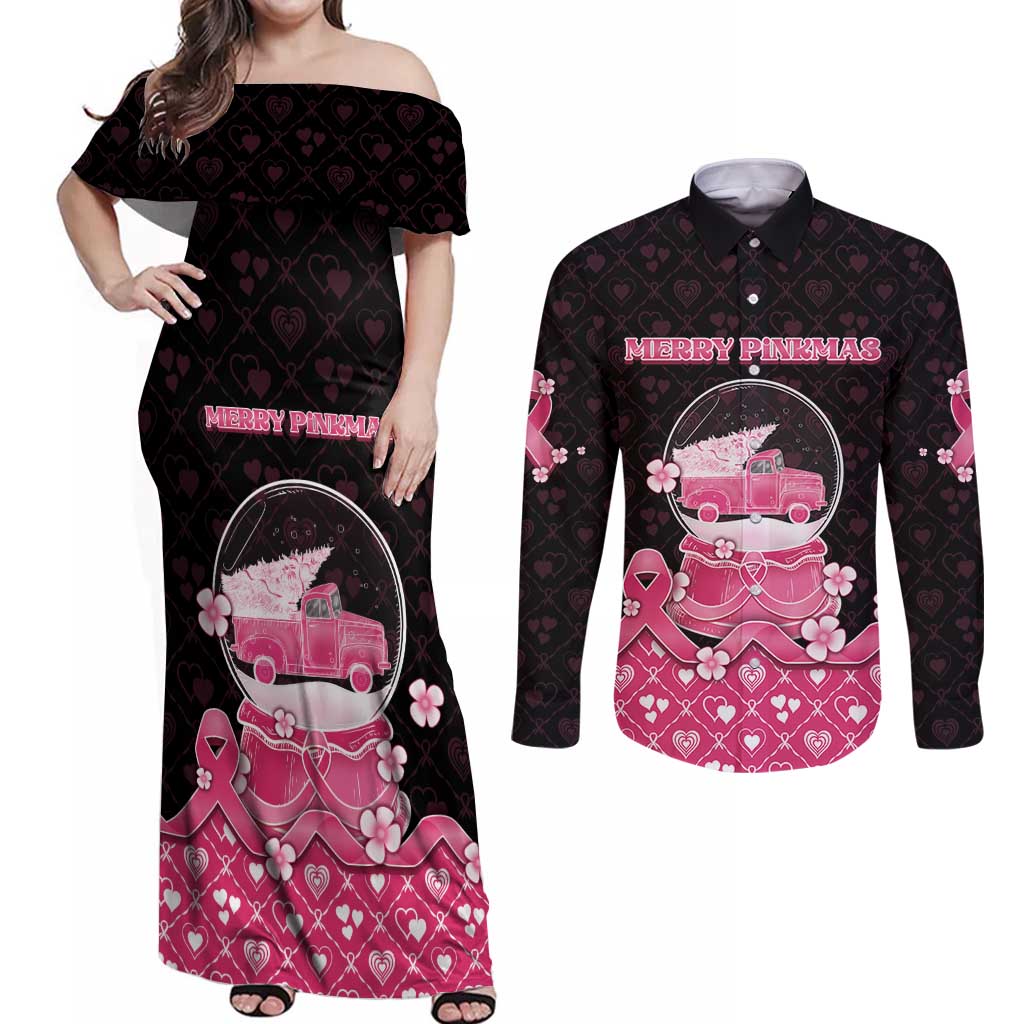 Breast Cancer Christmas Couples Matching Off Shoulder Maxi Dress and Long Sleeve Button Shirt Merry Pinkmas - Wonder Print Shop