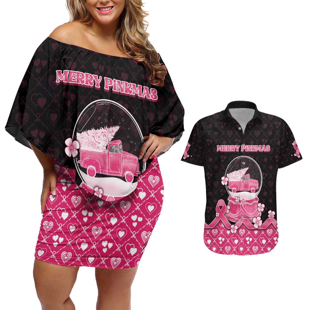 Breast Cancer Christmas Couples Matching Off Shoulder Short Dress and Hawaiian Shirt Merry Pinkmas - Wonder Print Shop